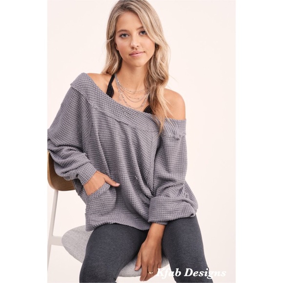 Tops - LAST! Talking Cozy! Gray Drop Shoulder Waffle Knit Top